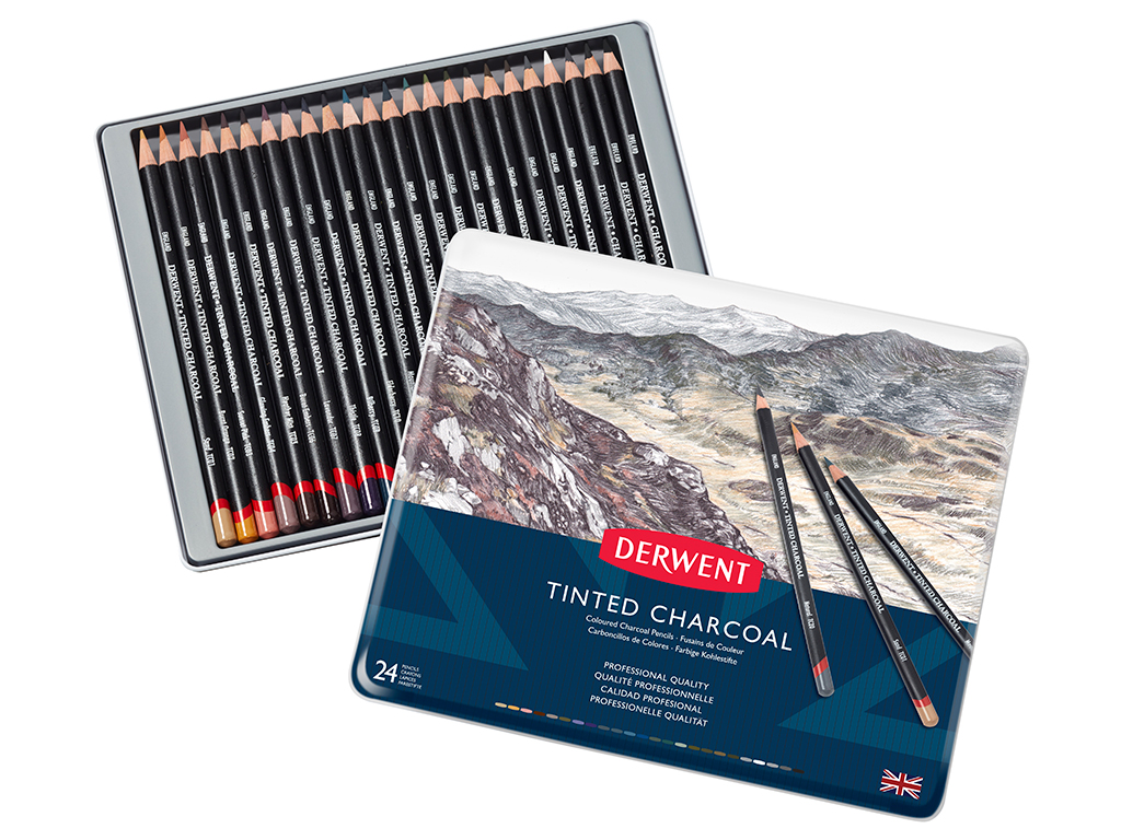 Värviline söepliiats Derwent Tinted Charcoal 24tk metallkarbis