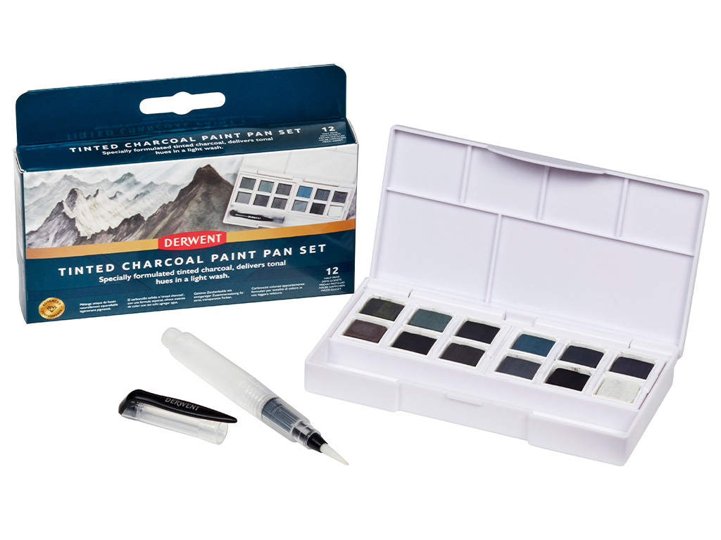Akvarellvärv Derwent Tinted Charcoal 12x1/2 nööpi+veepintsel plastkarbis